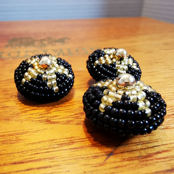 Vintage Round Black Plastic Beaded Black and Gold Star Sewing Buttons 3Pcs - Picture 3 of 11